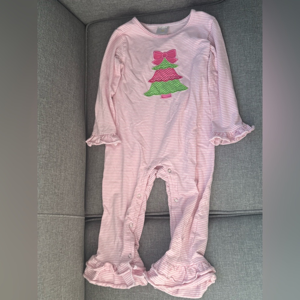 Classic Whimsy Pink and White Christmas Tree Romper-3T